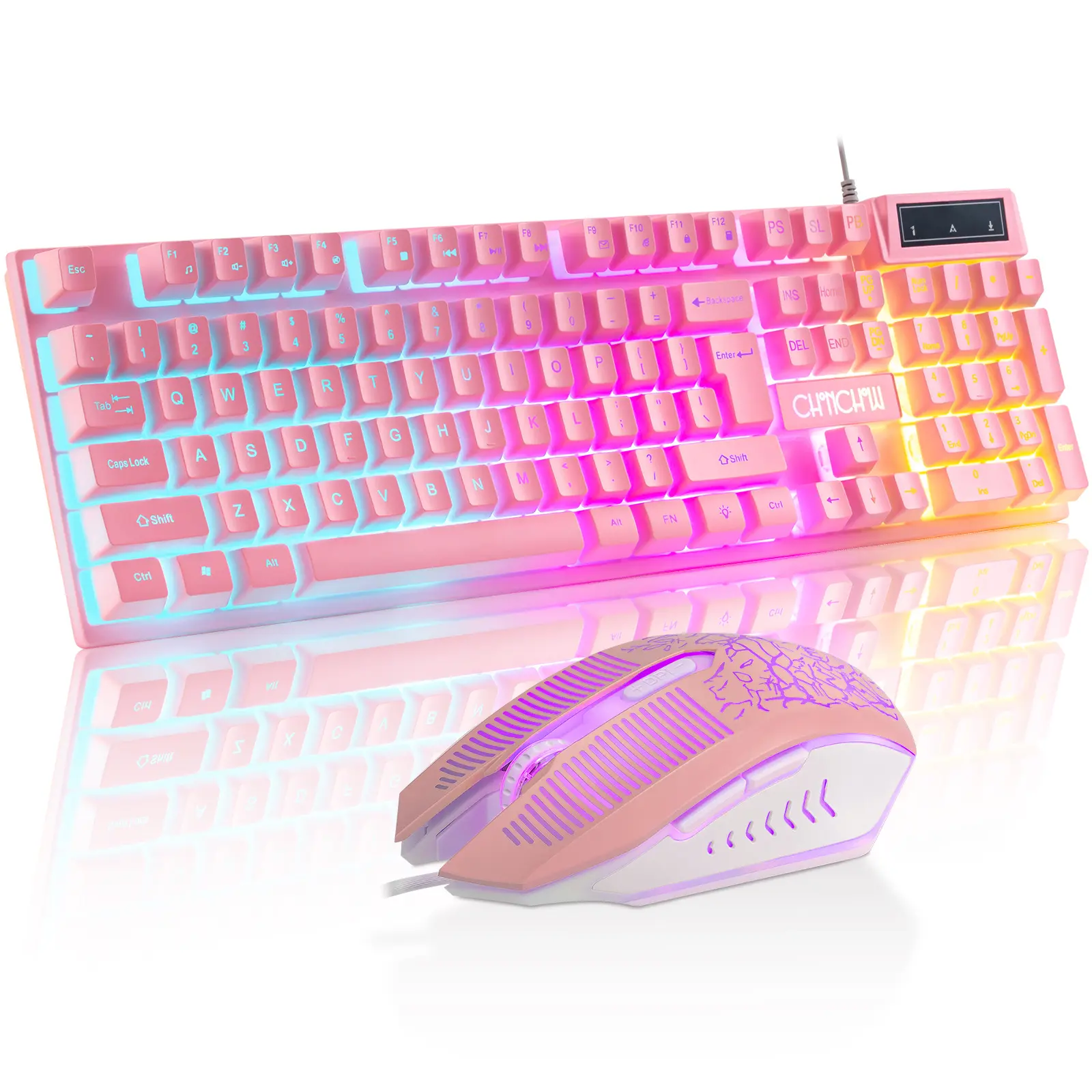 CHONCHOW Pink Gaming Keyboard and Mouse Combo, 104 Keys Wired Light Up Keyboard and Colorful Mouse 19 Keys Anti-Ghosting, Multimedia Keys, Number Pad for PC Laptop Computer PS4 Xbox