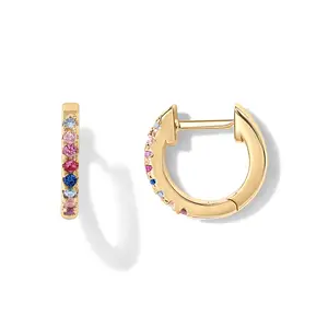 PAVOI 14K Gold Plated Colorful Huggie Earrings for Women - Sterling Silver Posts Multi Colored Cubic Zirconia Huggies - Green, Garnet, Spinel Blue, Black, Multicolored Stones - Dainty Gold Jewelry