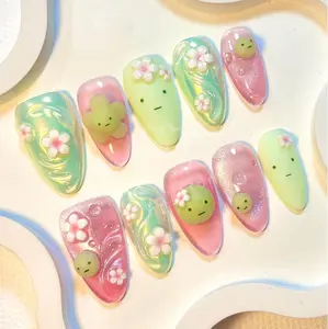 Smiski Press On Nails, Jelly Pink Green Flower Art, Kawaii Cartoon Character False Nail