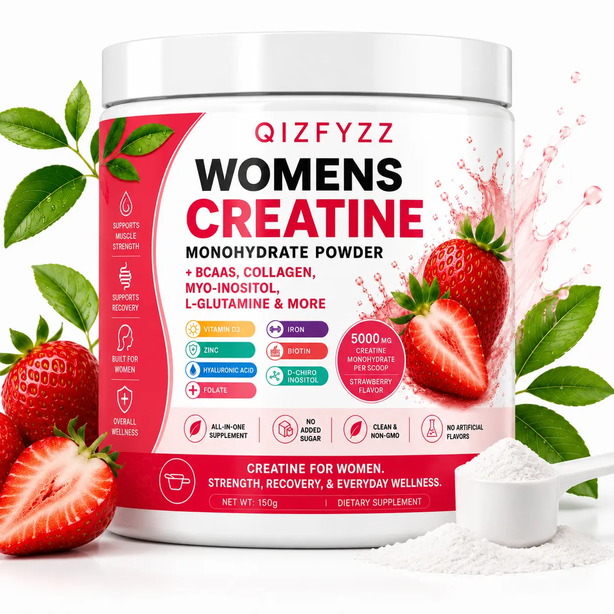 Creatine Powder for Women, 5000mg Creatine Monohydrate, Strawberry Peach Flavor with BCAAs, Collagen Peptides, Myo-Inositol and L-Glutamine, Daily Fitness Drink Mix Supplement, Energy & Recovery Support