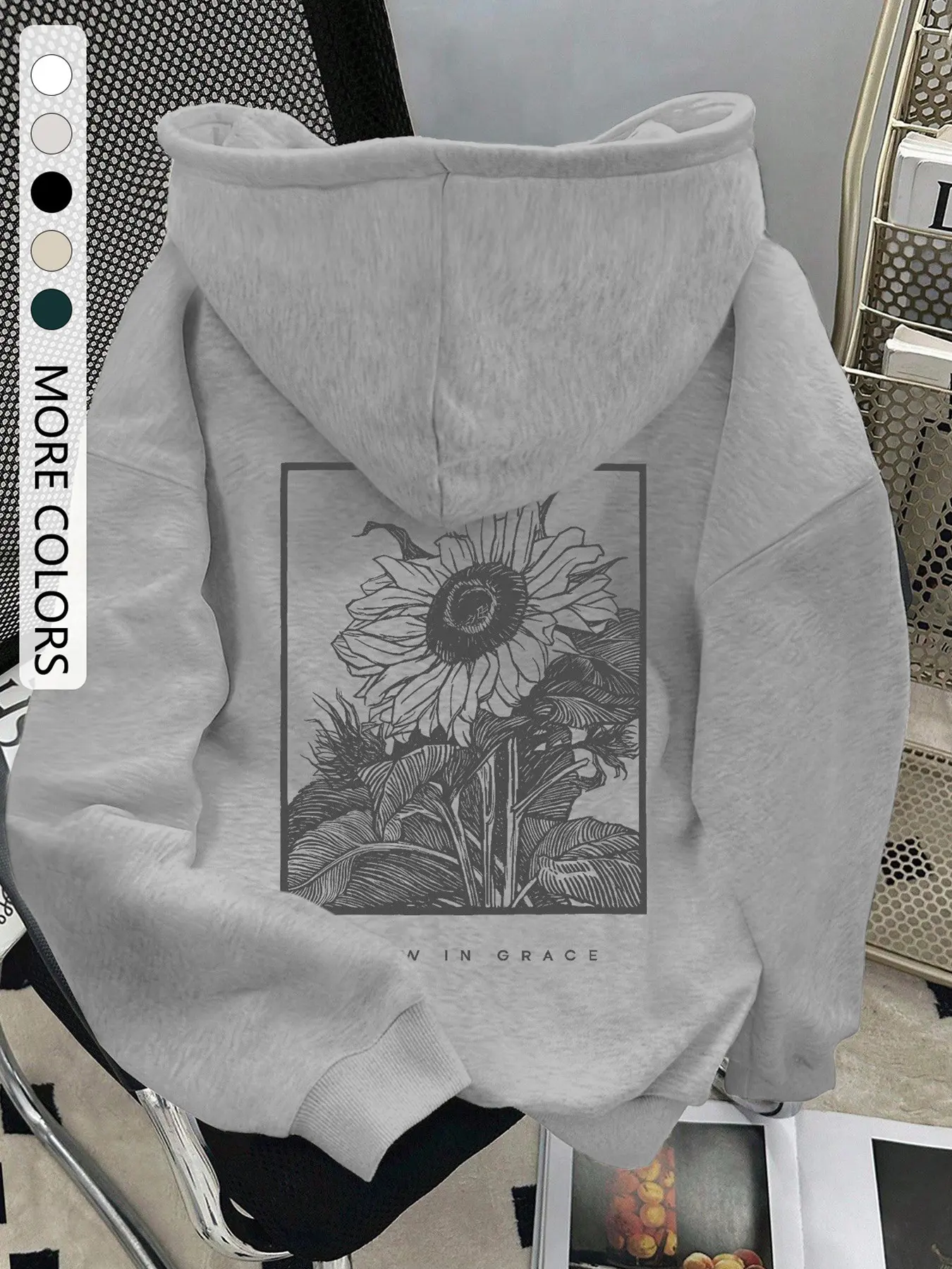 Women's Floral Print Sunflower Long Sleeve Hoodie, Casual Loose-Fit Drawstring Pocket Sweatshirt, Fall Winter Fashion, Daily Wear, Ladies Home Clothes, Womenswear