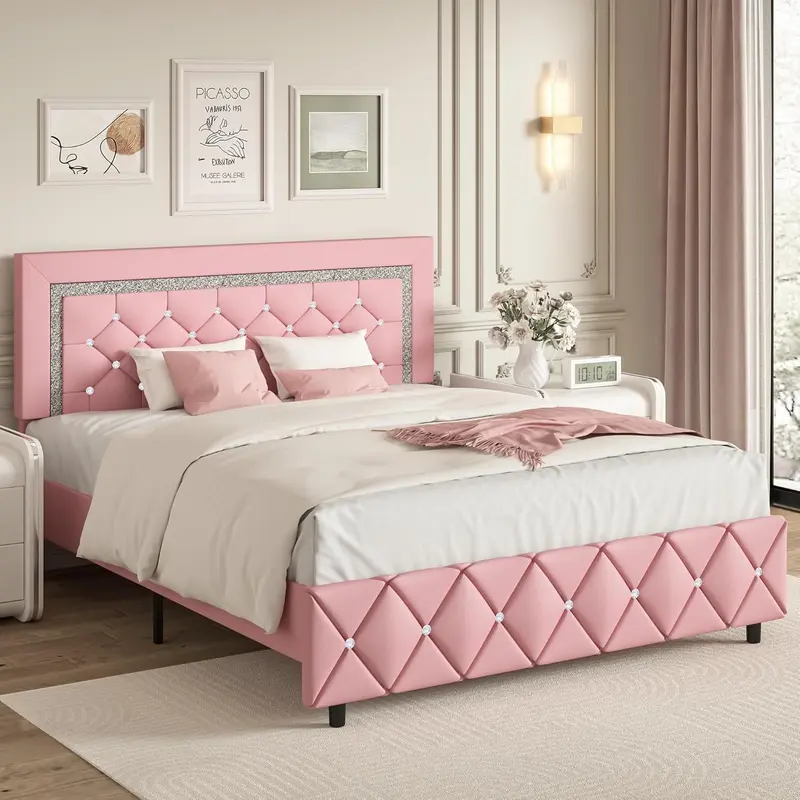HOMBCK Diamond Bed Frame, No Mattress, Comfortable and Adjustable Headboard, Modern style, Princess Bed, No Box Spring Required