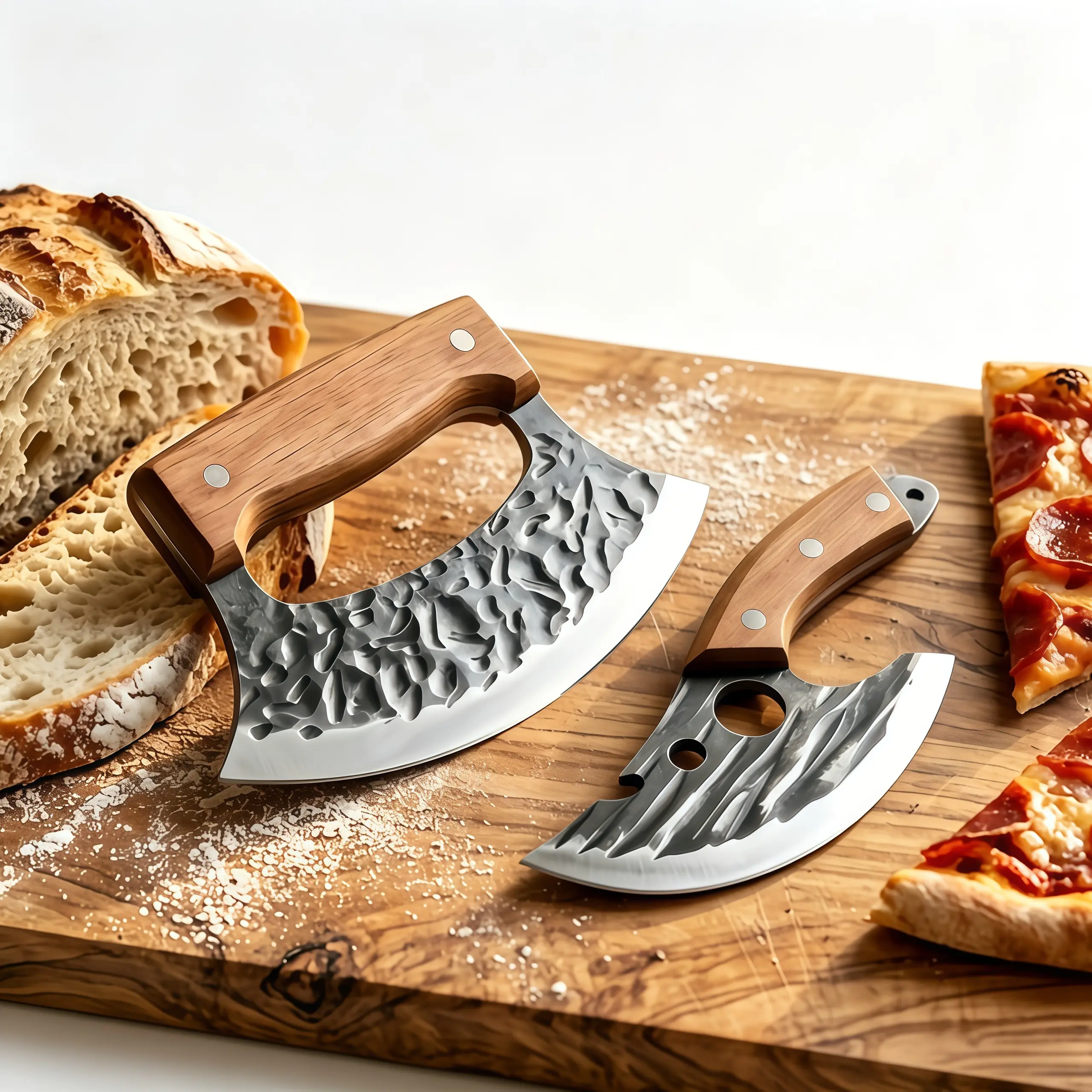 Rustic Handmade Hammered Steel Knife Set, 2-Piece Meat Prep Cleaver & Chopping Knife, for Home Kitchen & Outdoor Camping Use Block Wood Wooden