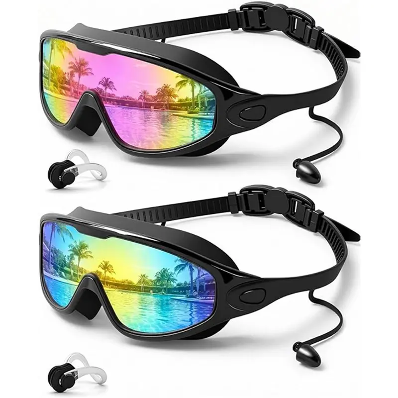 Rantizon 2-Goggle Value Set Stylish 180-Degree Wide View Outdoor Swimming Goggles, Unisex Adult 100% Silicone Skin-Friendly Fog-Free UV-Protective Adjustable Waterproof Swimming Glasses