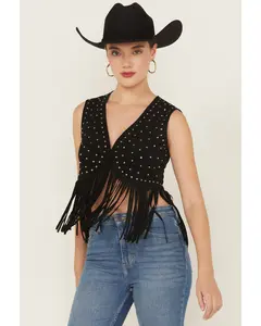 Embellished Faux Suede Cropped Fringe Vest