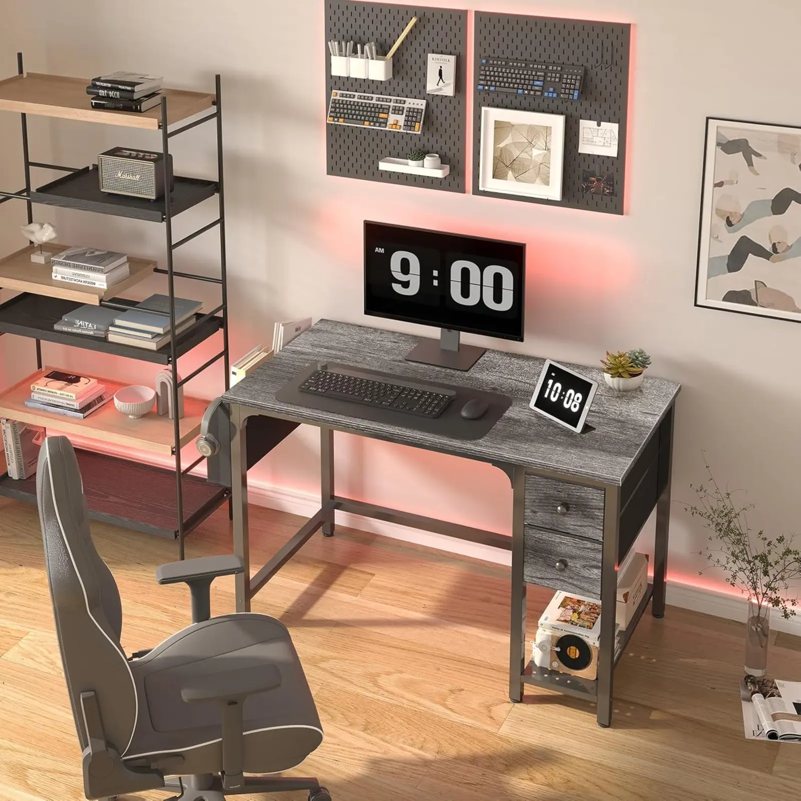 Lufeiya 40 Inch Computer Desk with Fabric Drawers, Gaming Desk for Small Space Home Office, Modern Simple Study Writing Table PC Desks for Bedroom, Gray, Get Free Box