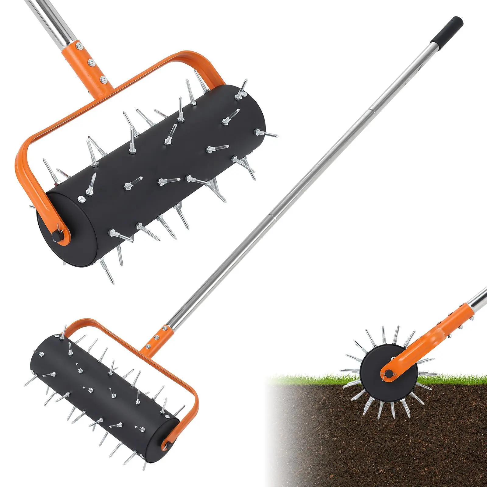 15" Rolling Lawn Aerator, Heavy Duty Manual Aerator Tool with 42 Spikes, Lawn Spike Aerator Roller with 61'' Adjustable Handle, Soil Penetrator Push Lawn Aeration for Garden Yard Patio