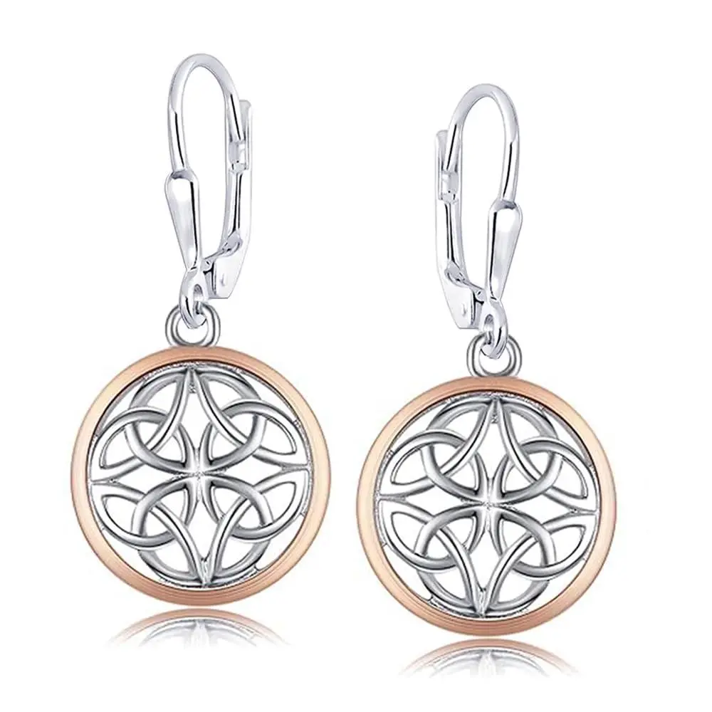 LeCalla 925 Sterling Silver Celtic Knot Earrings | Two-Tone Jewelry | Lightweight Celtic-Knot Leverback Drop Dangle Earring for Women - 35mm
