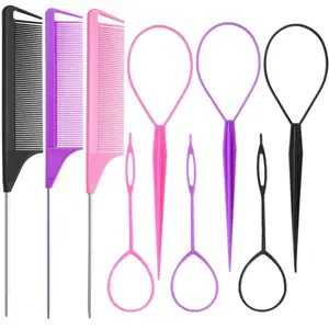 9pcs Hair Tail Tool and rat tail comb set,6pcs French Braiding Tool ring,3Pcs Metal Parting Combs,Woman Girl Hair Styling (Pink,Purple, Black)