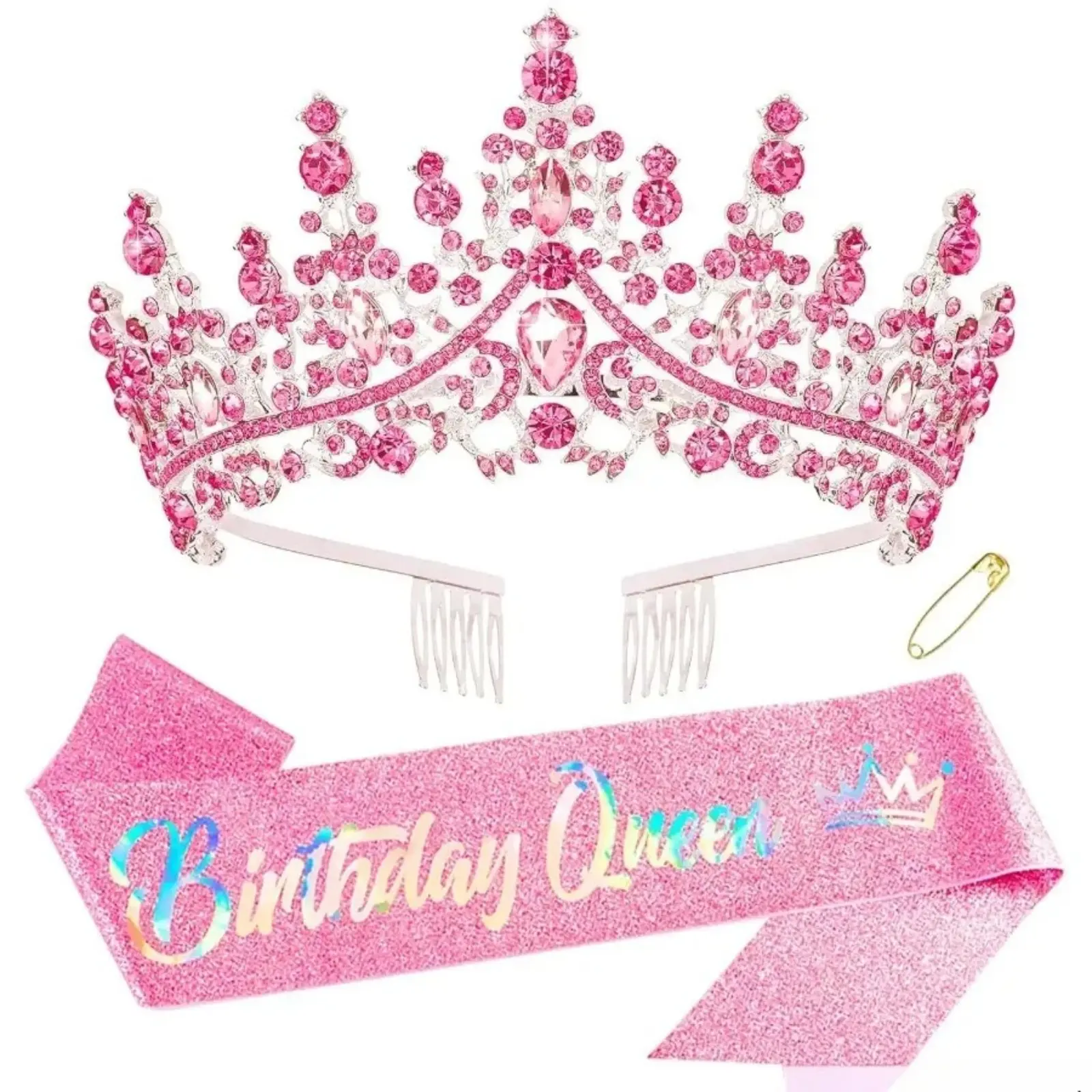 Baroque Rhinestone Birthday Queen Accessory Set - Set Includes Fashion Headband, Sash With Pin, Crown Tiara, Shiny Decor; Comfortable Sports & Outdoor Rainwear Accessory for Birthday Party, Elegant Events, Headbands, Unisex, Bridal Hair Accessories