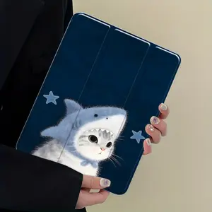 Cat in Shark Hood iPad Case, Tablet Cover, Durable Tablet Casing, Navy Blue Protective Cover Auto Wake/sleep,Anti-Drop Scratch-Resistant,Transparent Acrylic Back,Fits iPad 7.9/8.3/10.2/10.5/10.9/11 inch