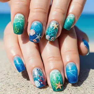 24pcs Summer Ocean Theme Short Square False Nails, Glitter Decorative Nails, Starfish Shell Underwater Nail Art Stickers, Glossy Finish, Perfect for Beach Vibes