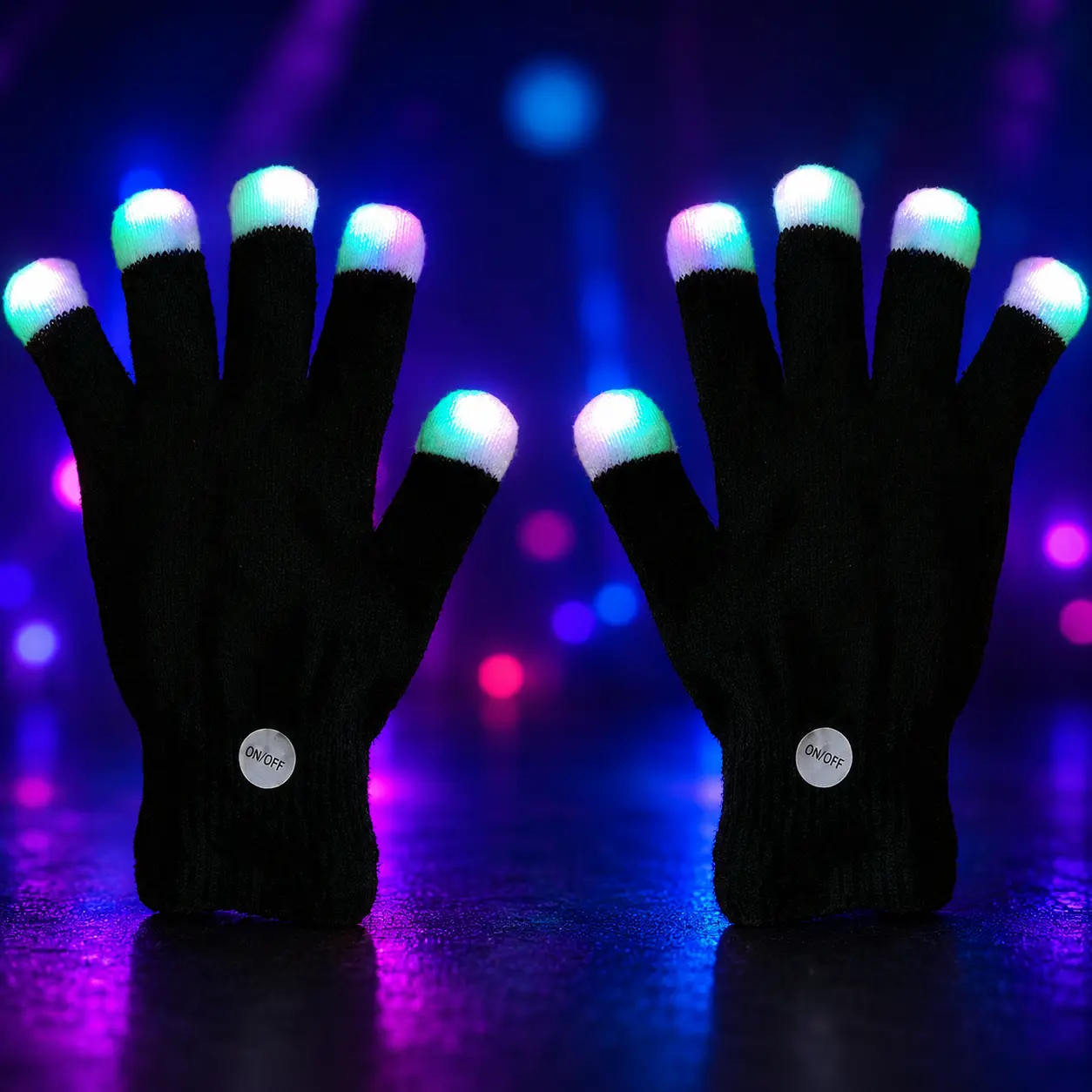 LED Light Up Gloves, Flashing Glow Finger Gloves, Black Rave Party Gloves with ON OFF Button, Battery Replaceable Costume Accessories for Halloween Festival Dance