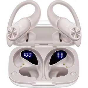 Bluetooth Headphones Wireless Earbuds 80hrs Playtime Wireless Charging Case Digital Display Sport Ear with Earhook Deep Bass IPX7 Waterproof Over-Ear Earphones for Phone Laptop Beige