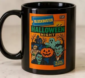 [Sale off up to 50%] Blockbuster Halloween Mug, Retro VHS Style Coffee Cup, 11 oz Vintage Movie Night Be Kind Rewind Nostalgia Gift for Horror Fans, 11oz & 15oz ceramic mug