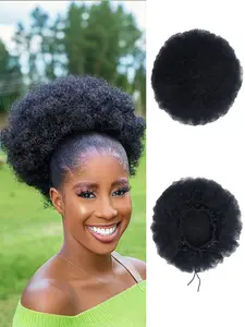 Afro Puff Drawstring Ponytail with Bangs Ponytail Extension for Women Short Curly Clip in Wrap Updo Hairpiece for Daily Use Synthetic Hair Extensions