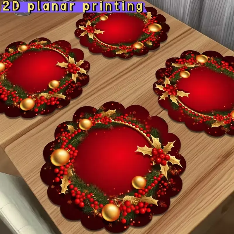 Elegant & Christmas Placemats, Wreath Holly Berry Snowflake Design, 2D Flat Print Polyester Mat for Holidays, Weddings, Dinners