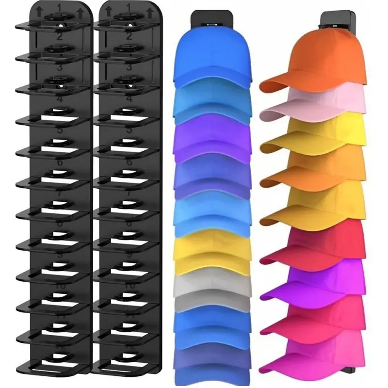 Upgraded ABS Hat Organizers (2-Pack) - Storage Upgrade Vertical Storage Solutions, 12-Layer Drill-Free Wall-Mount Shelves with Press Tongue, Waterproof, Space-Saving, 24-Cap Capacity, Accessory Hat Hooks for Closet Doors, Wardrobes