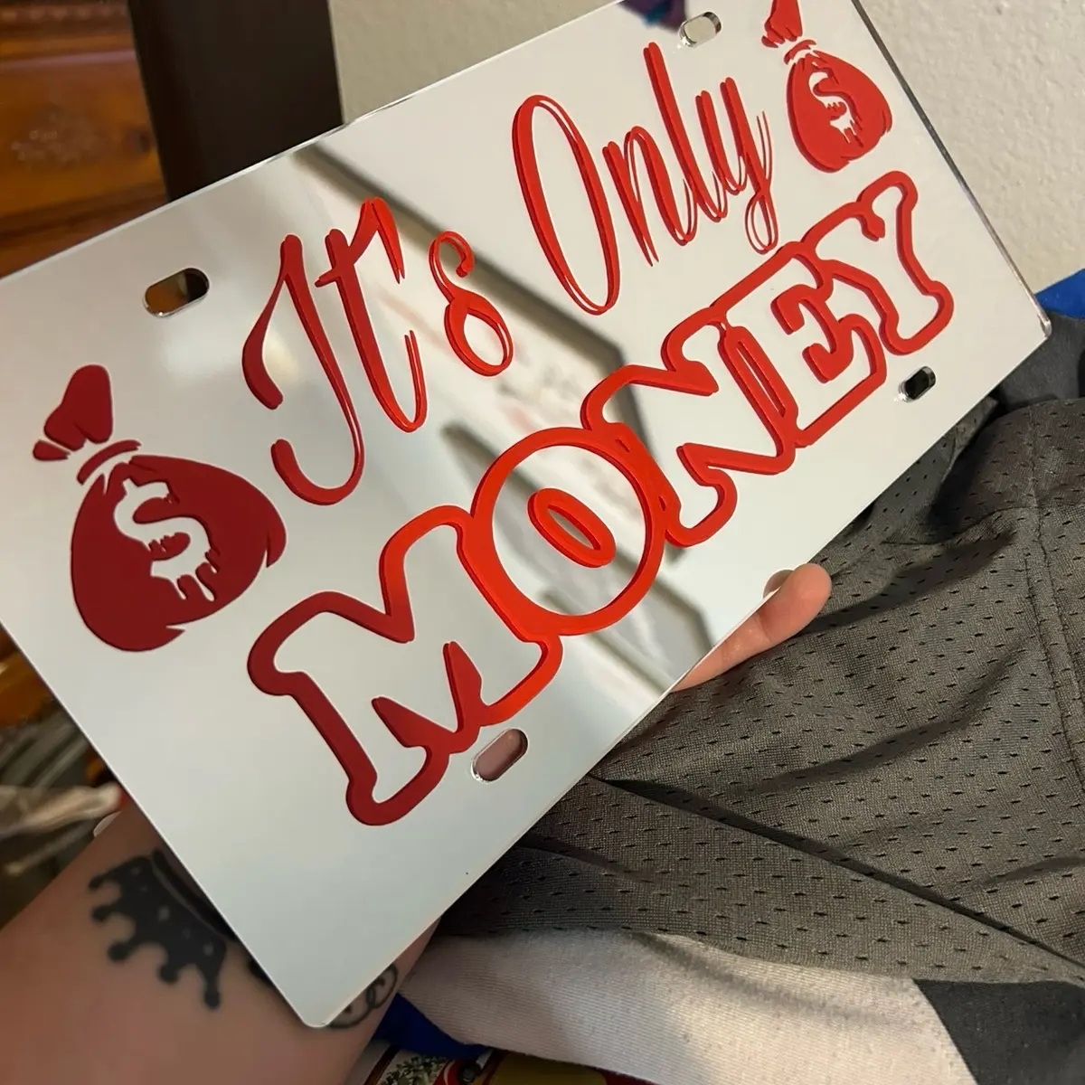 Automotive Novelty License Plate - Witty Message "It’s Only Money" Instant Road Joke, Pre-Drilled Holes, Standard Size Front Exterior Accessory for Car Holder, Car Accessories Bundle