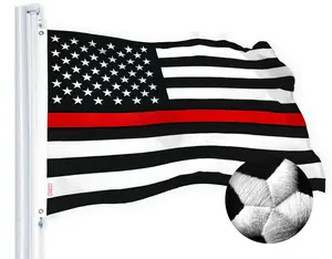 G128 - Thin Red Line Flag Embroidered 2.5x4 FT Heavy Duty 220GSM Tough Spun Polyester U.S. American Flag Brass Grommets Honoring Fire Fighters and EMTs Black White and Red US Flag