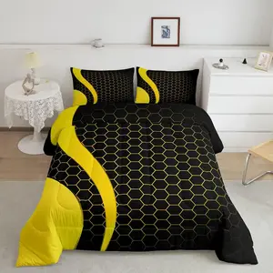 Luxury Bedding Set,Honeycomb Super Soft Designer Comforter Set,Hexagonal Geometrical Yellow Black Comforter,Beehive Duvet Set