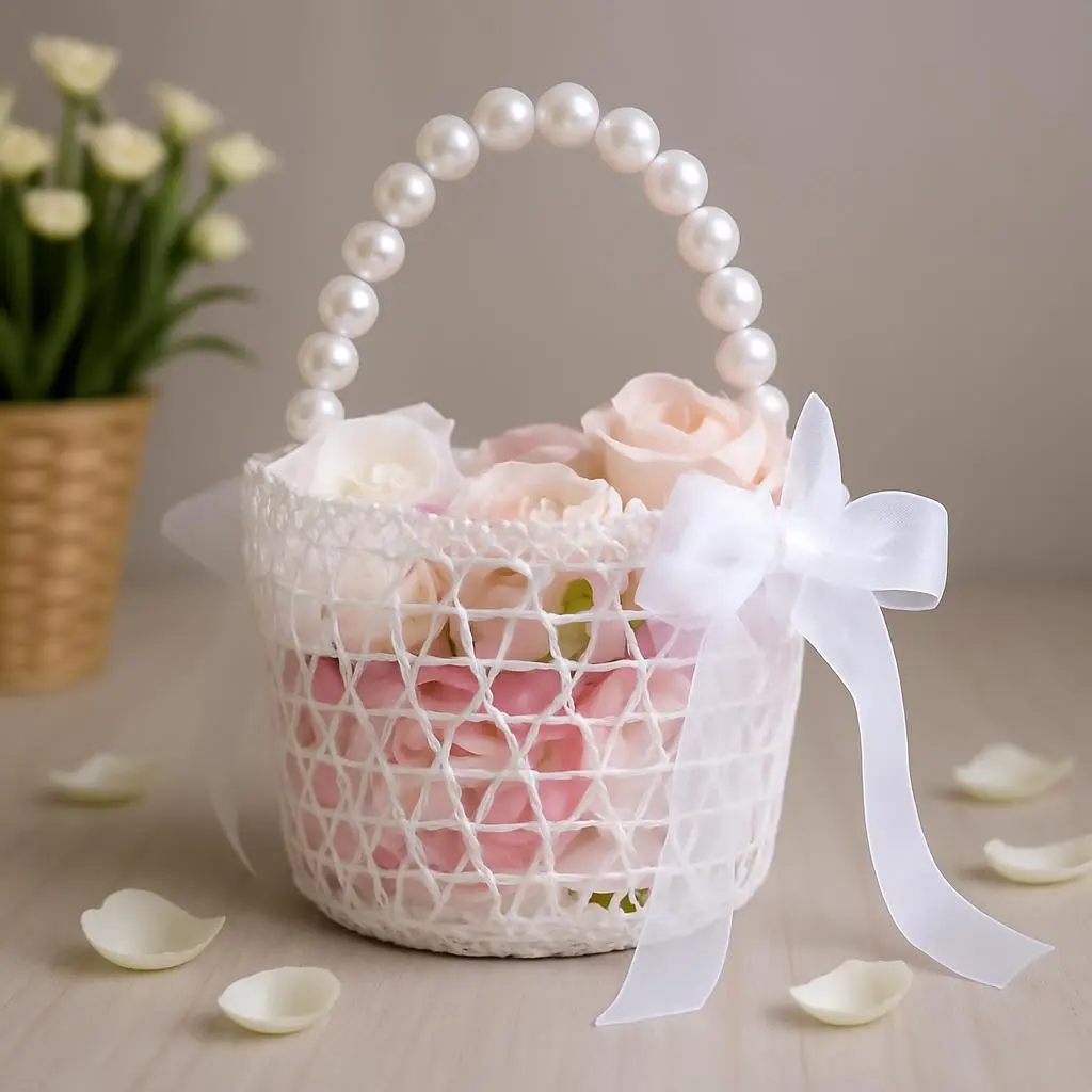 White Lace Pearl Handle Basket Wedding Flower Girl Basket Bridal Shower Gift Vintage Style Crochet Basket with Organza Ribbon Bow Decor