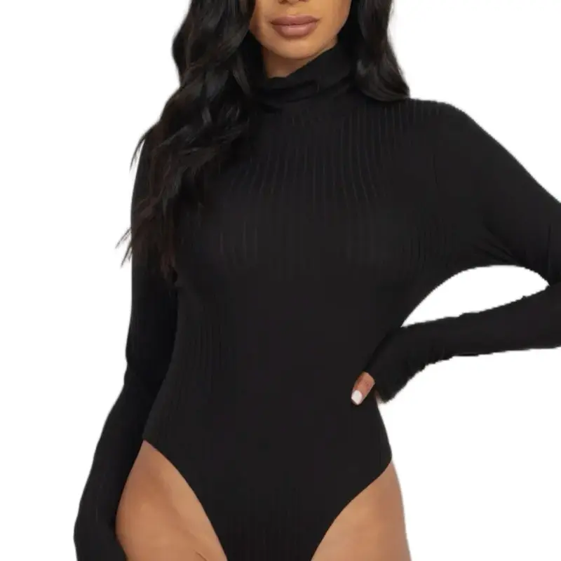 Long Sleeve Black Turtle Neck Warm Bodysuit for Women - Stylish & Comfortable Ribbed Design Basic Minimalist Turtleneck Tops Womenswear
