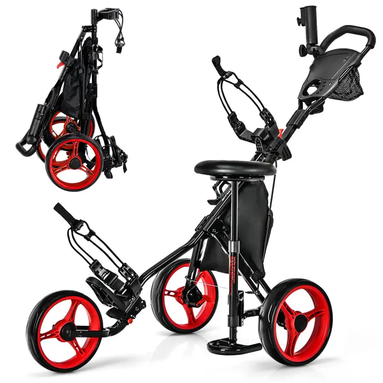 COSTWAY Golf Push Pull Cart with Seat, Lightweight Foldable Collapsible 3 Wheels Golf Push Cart, Golf Trolley with Foot Brake, Adjustable Umbrella Holder & Seat, 4 Height Position Handle