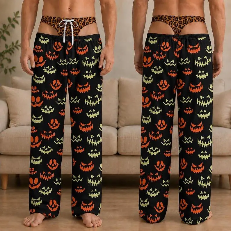 Personalized Men's Halloween Pajama Pants, Funny Novelty Underwear Print Sleepwear, Spooky Lounge Pants, Gag Gift for Him (Message us for custom)