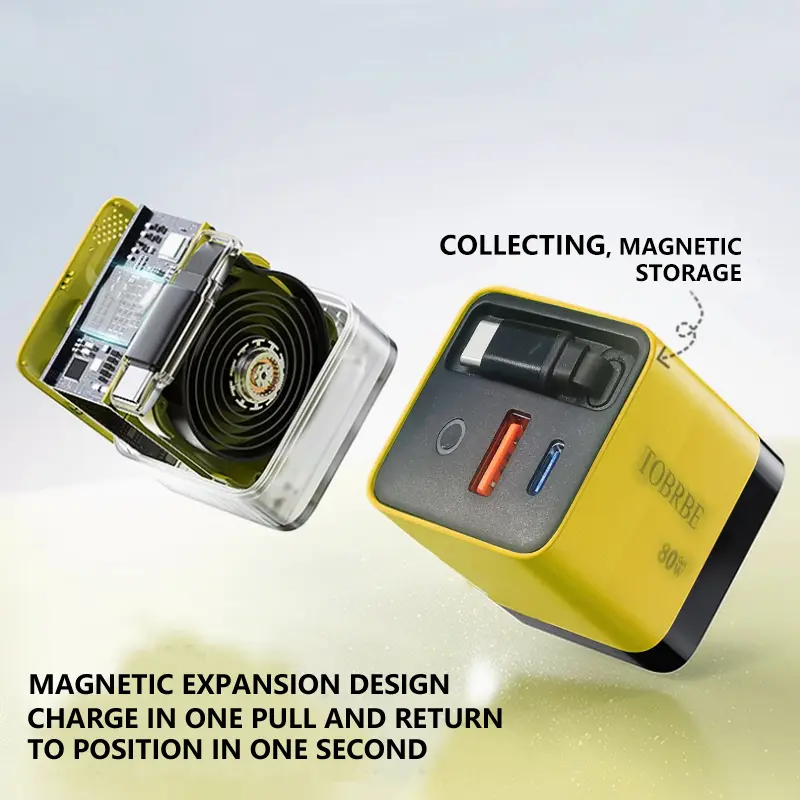 TOBRBE 3 in 1 GaN Charger, Retractable 80W MAX Fast Charger Block with Type-C Cable & 2 USB Ports, Portable Adapter iPhone Smartphone Electronic, Yellow, Cellphone, Folding