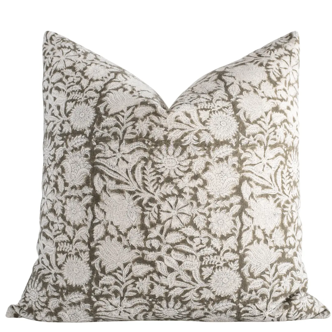 Jardim Floral Block Printed Pillow Cover | Olive