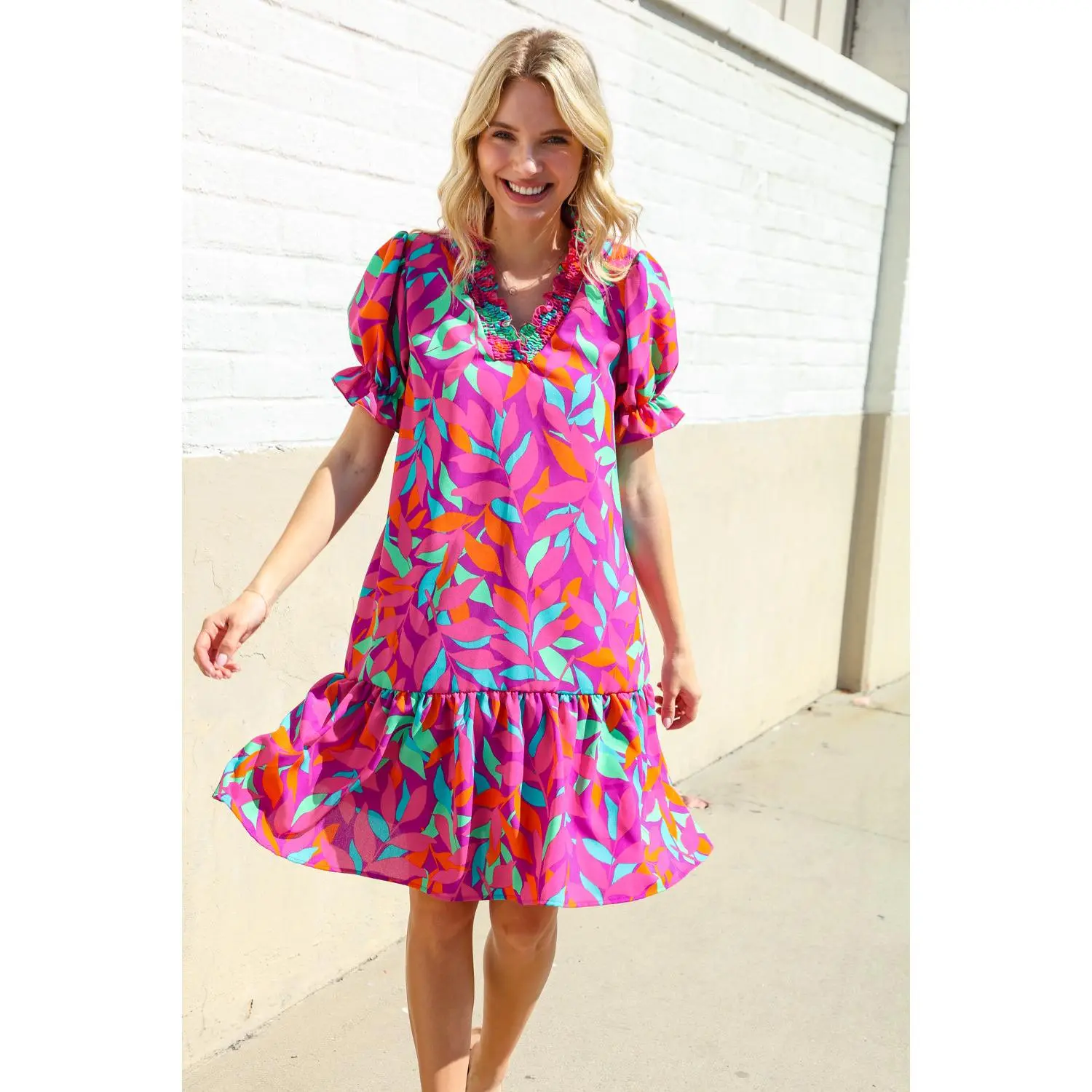 Fuchsia Tropical Leaf Woven Ruffle Hem Pocketed Dress