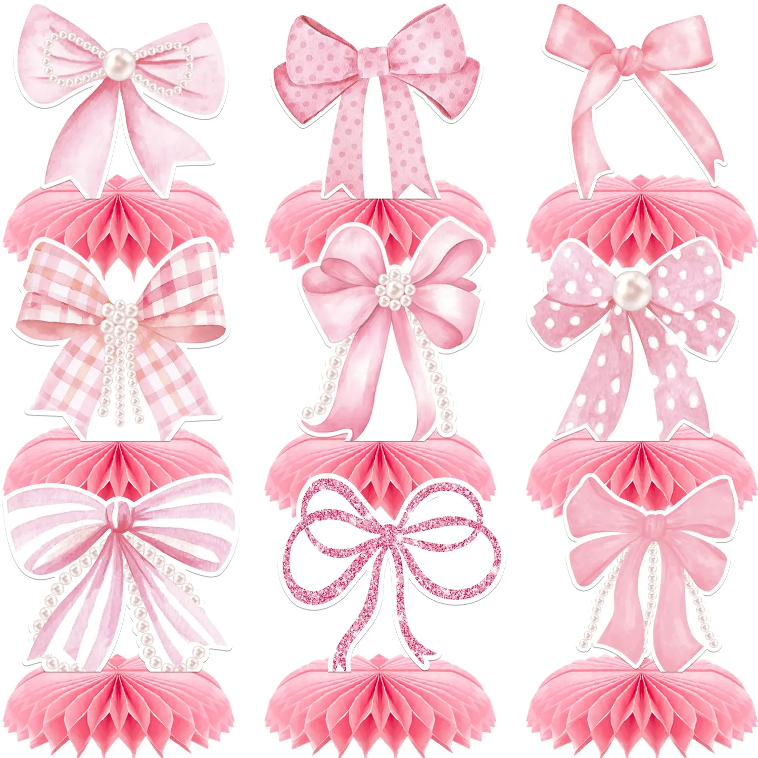 9 PCS Pink Bow Honeycomb Centerpiece Decorations, Table Centerpieces Decor, Table Decorations, Wedding Centerpiece, Birthday Decorations Bow Theme Party Decor Pink Bow Table Decor for Bachelorette Baby Shower Bridal Shower Party Supplies