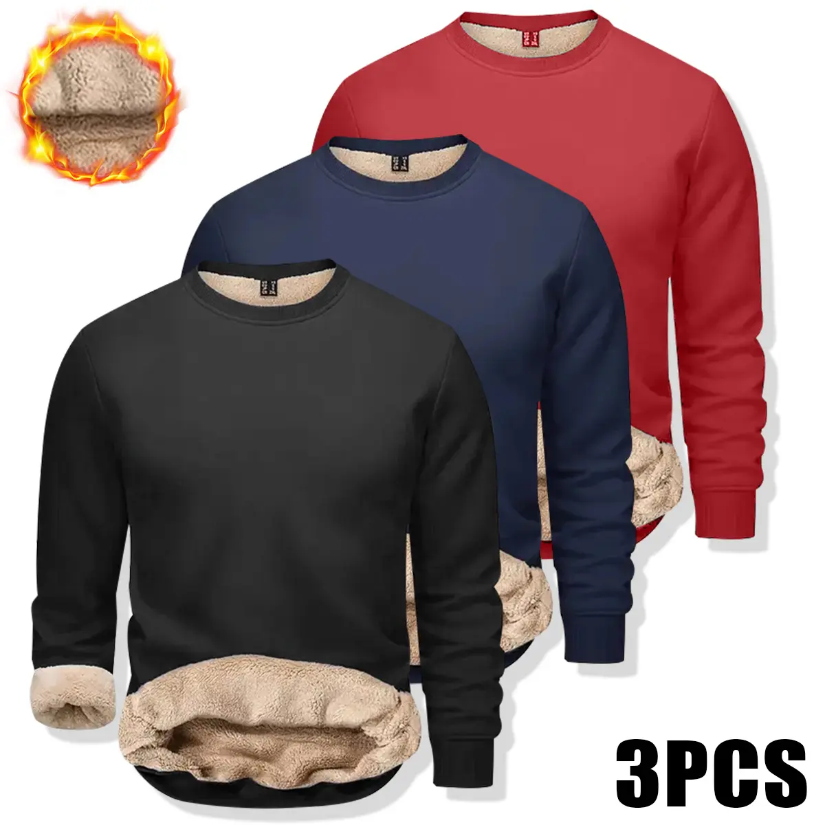Men's Fitted Crew Neck Long-Sleeve Plain Faux Fleece Lined Wind-Resistant Activewear Sweatshirts (Pack of 3) - Crew Neck Sportswear for Autumn, Winter Everyday Wear, Athleisure Fitness Clothes, Mensfashion