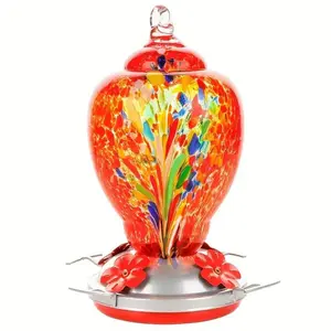 Large Outdoor Patio Hummingbird Feeder — 32 oz. Colorful Hand-Blown Glass Hummingbird Feeder with Ant Moat and Hanging Hook