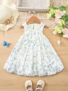 Girls Summer Floral Print Bow Decor Dress, Sleeveless Puffy Vest Dress, flower print dress, Perfect for Valentine's Day, Cute Fitted Design