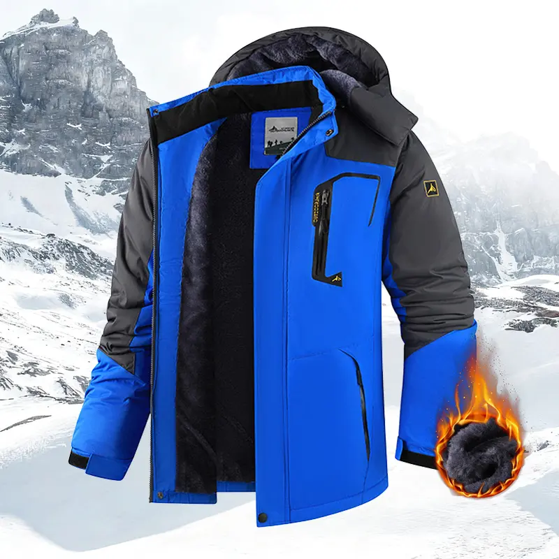Men’s fleece-lined hooded winter ski jacket, windproof waterproof thick warm outerwear with multiple zippered pockets, insulated snow coat for skiing, snowboarding, hiking, camping, mountain cold weather, outdoor daily wear