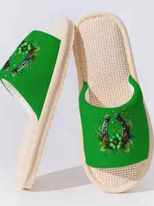 Horseshoe Lucky Charm Linen Slippers, Vintage Good Luck Style, Breathable Non-Slip Sole, Bedroom Living Room Daily Wear
