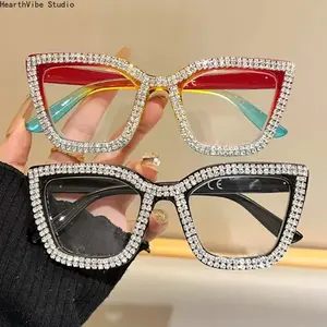 Trendy Oversized Cat Eye Blue Light Blocking Glasses for Women, Luxury Diamond Inlaid Square Reading Eyewear, High Strength Lightweight PC Frame, Anti-Fatigue Computer Screen Glasses for Office Work Study Gift