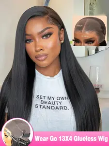 Wear And Go Pre Cut 13x4 HD Transparent Bone Straight Lace Front Wig Glueless Ready To Wear Wig Glueless Frontal Wig Brazilian Human Hair Wigs With Drawstring For Women