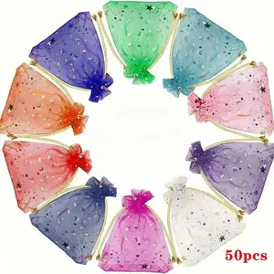 Colorful Organza Gift Bag, 50pcs/set Random Color Drawstring Jewelry Candy Bag, Gift Wrapping Supplies for Wedding Birthday Festival Party, Wedding Party Packaging