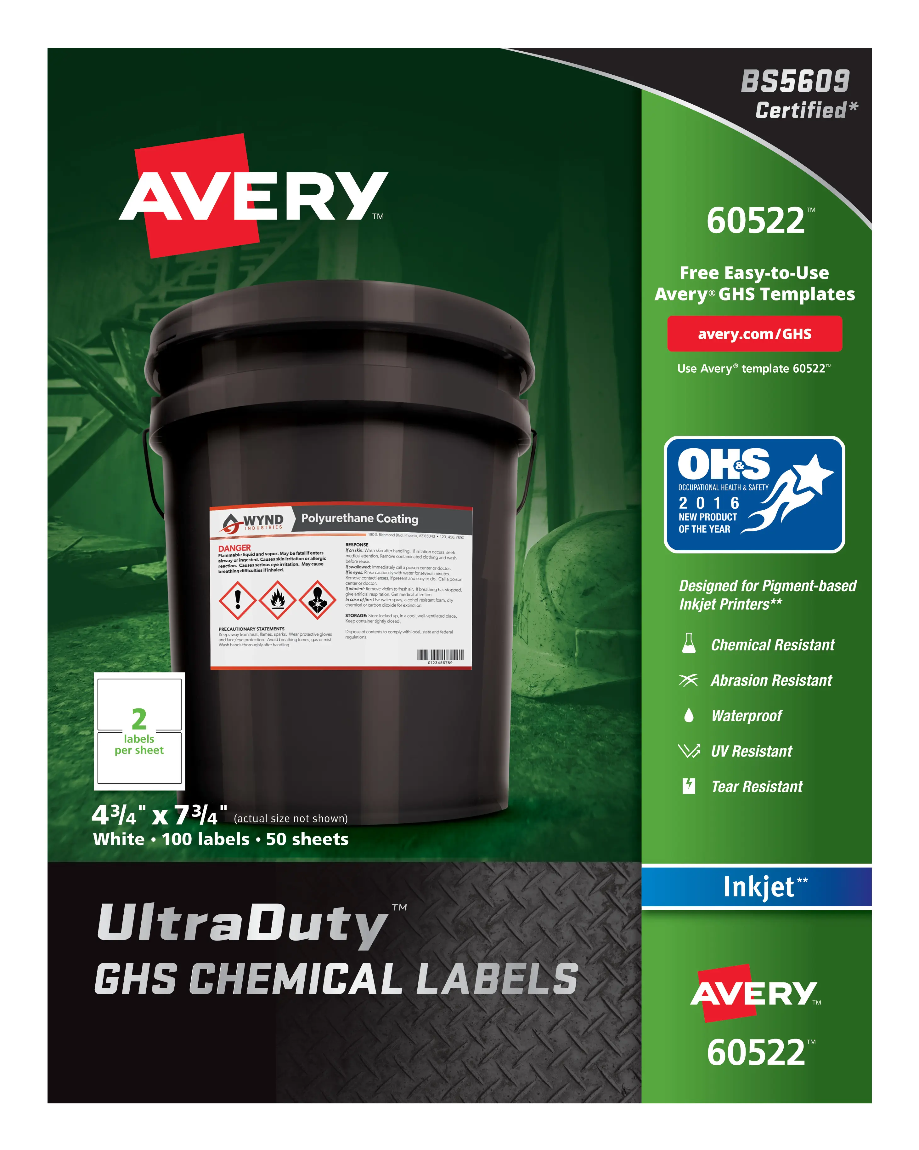 Avery UltraDuty GHS Chemical Labels for Pigment Inkjet Printers - Durable, Abrasion Resistant, Permanent Adhesive (Adhesive Performance Critical), Waterproof, UV Resistant, 4.75in x 7.75in, 100 Labels for Jugs & Jerry Cans (60522)