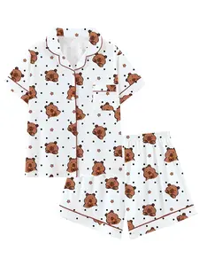 Adorable Capybara Animal Print Pajama Set, Cute Turn-Down Collar Short Sleeve Sleepwear, Comfortable for Sleeping, Vacation, and Outdoor Wear