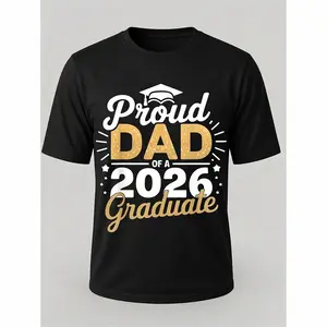 Class of 2026 Graduation T-Shirt - Proud Dad of a 2026 Graduate, Golden Lettering & Diploma Design, 100% Cotton 220gsm Loose Fit S-XXXL, Black Casual Shirt for 2026 Year Parents Gift