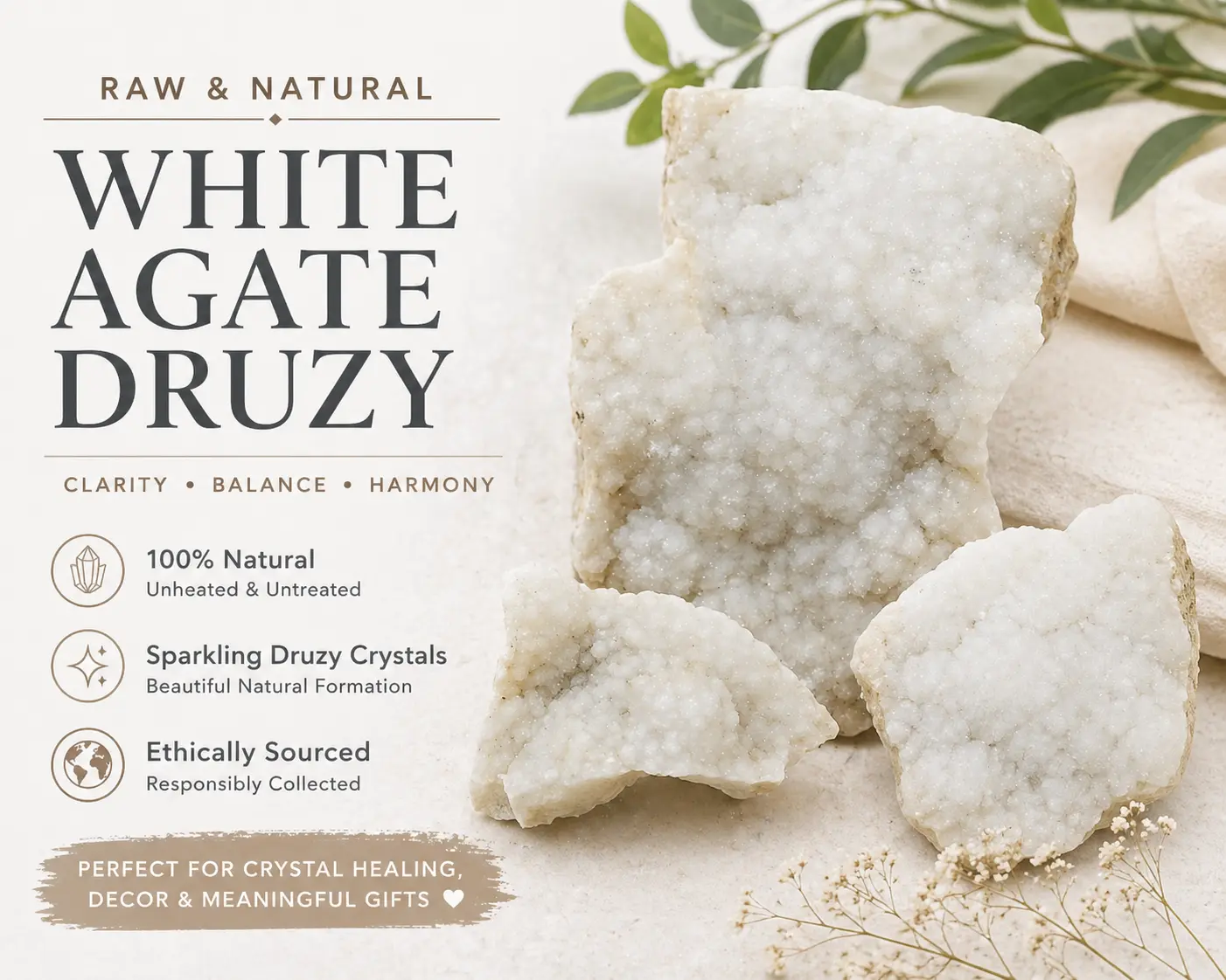 Raw White Agate Druzy Crystal Geode Clusters Many Sizes Natural Specimens