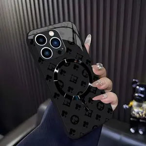 Quiet luxury black monogram MagSafe case, dark aesthetic geometric cover for iPhone 17/16/15/14/13 Pro Max and Samsung S26/S25/S24 — 975
