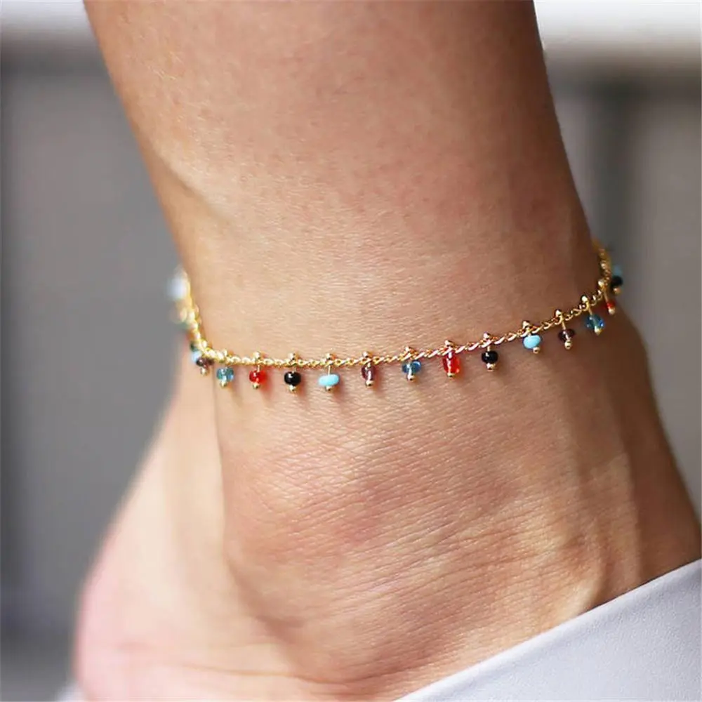 Women's Adjustable Colorful Beaded Look Ankle Bracelet - Metal Alloy Gold & Silver Anklet for Summer Beach, Everyday Wear, Ankle Bracelets
