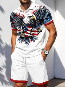 Independence Day Limited Edition American Eagle Flag Print Men's Short Sleeve Polo Set, Breathable Comfort Casual Vacation Wear, Slim-Fitting Suit