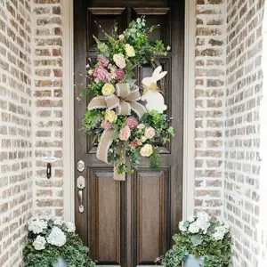 Easter Spring Bunny Plant Wreath, Faux Flower Decoration for Front Door, Indoor Outdoor Window Wall Decor, Farmhouse Porch Easter Home Decor, Flower Design