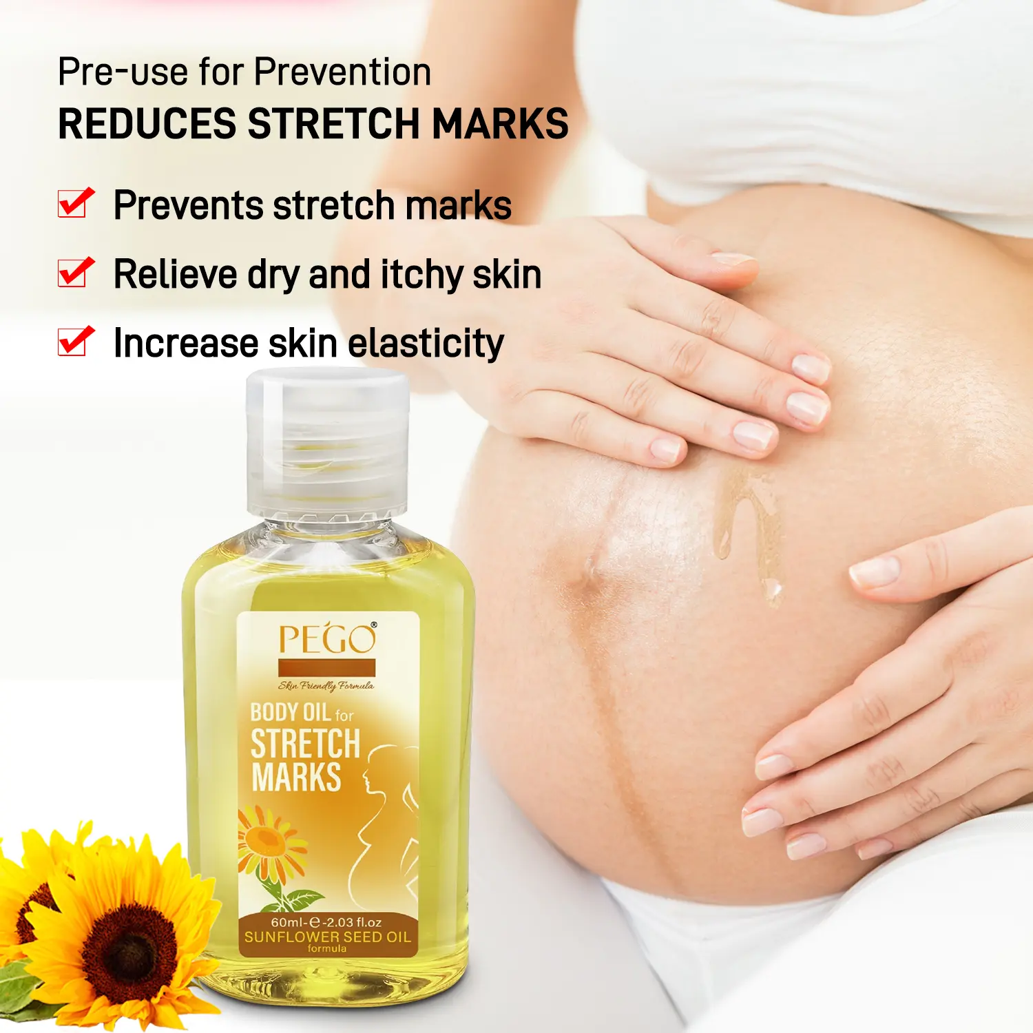 PEGO Stretch Mark Body Oil for Pregnancy, Natural, Safe, Stretch Marks for All Skin Types, Sunflower Seed Oil 2.03 oz, 2 pcs